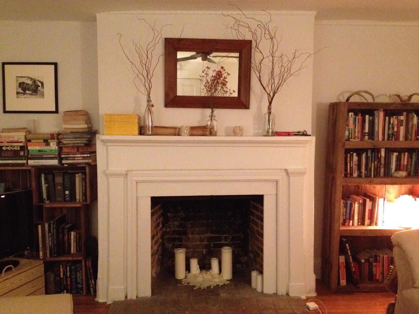 Organically aged crates as bookshelves in Brooklyn living room